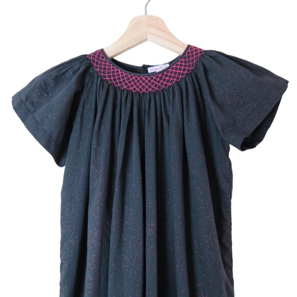 MOON ET MIEL Girl's Black Pink Glitter Smocked Short Sleeve Iris Dress Size 8 - Picture 2 of 11